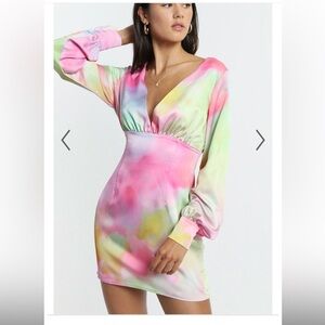 NWT Showpo Rainbow Esma Tie Dye Long Sleeve Open Back Dress in Marble
